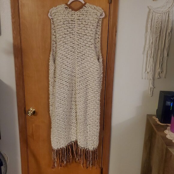 Free People Madeline Long Fringe Vest Boho Cardigan Sweater Womens M Cream Tan - Picture 6 of 9